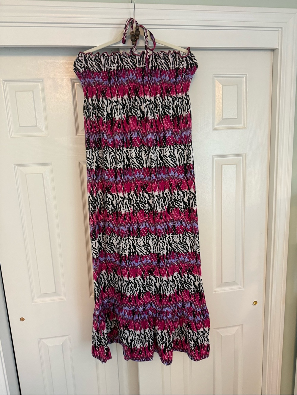 Ruffle Strapless Pink Tropical Print Maxi Dress with Wooden Beaded Halter Tie